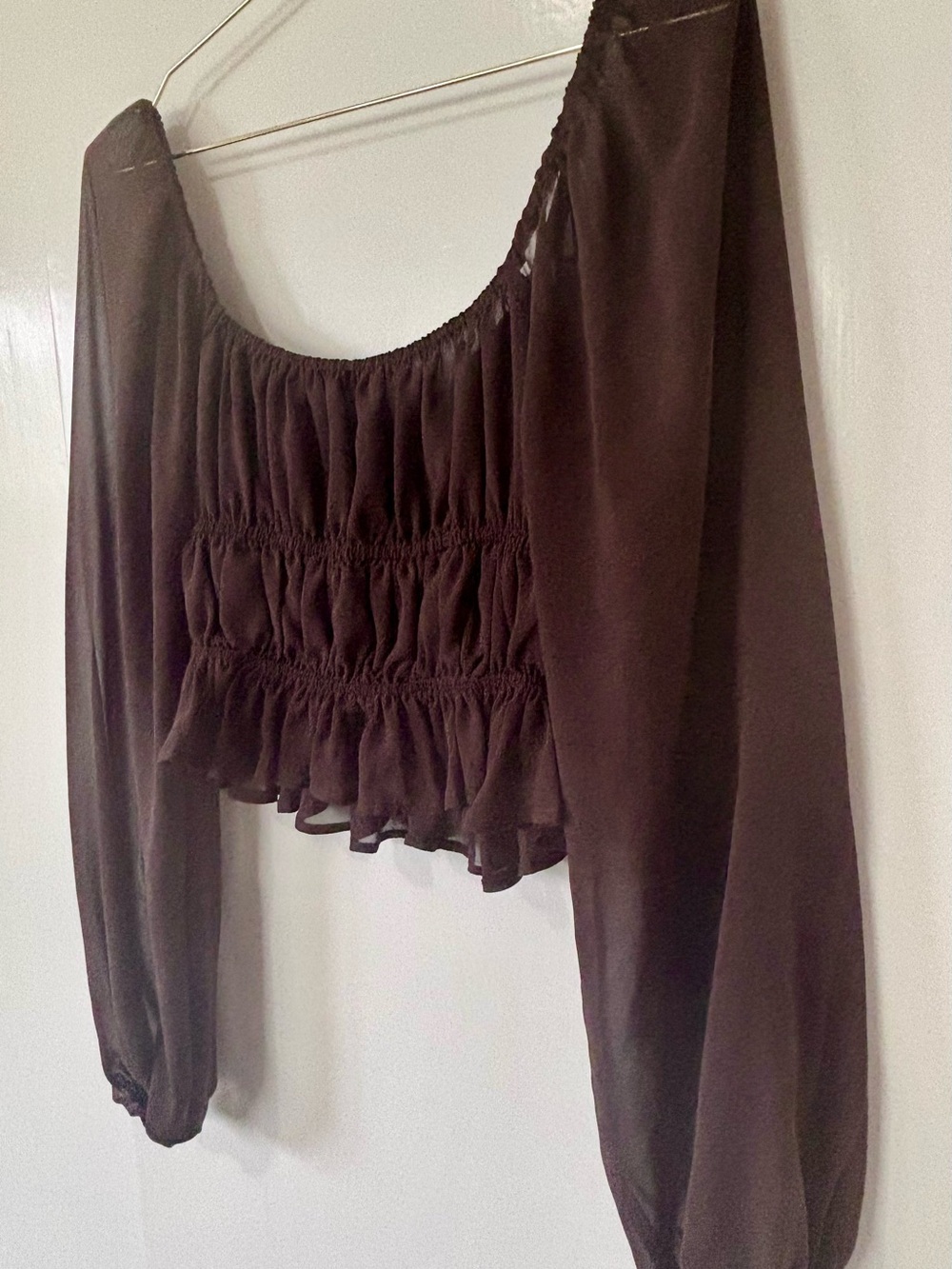 Dynamite| Feminine Brown Smocked Sheer Crop Peasant Blouse Sz S - Picture 5 of 7